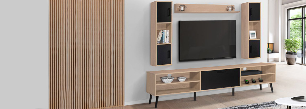 Ensemble meuble TV 180 cm et étagères HOUSTON bois et noir